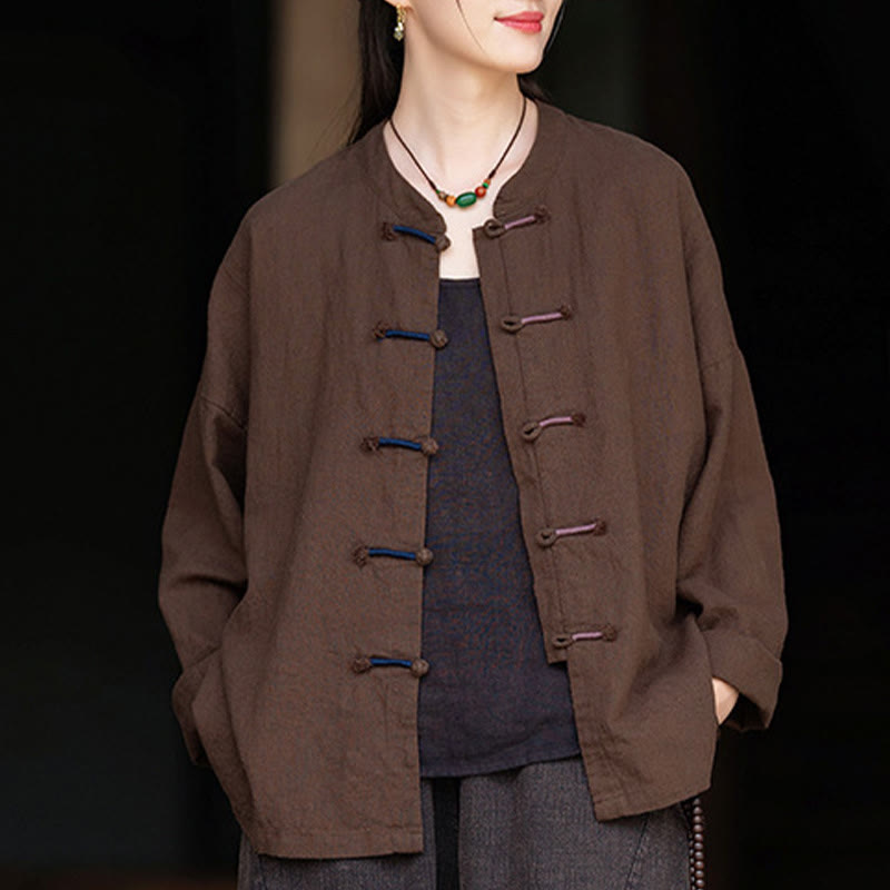 Camisa de lino con ramio de manga larga con botones de rana en dos colores lisos y Buddha Stones para mujer