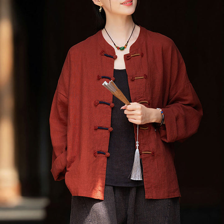 Camisa de lino con ramio de manga larga con botones de rana en dos colores lisos y Buddha Stones para mujer