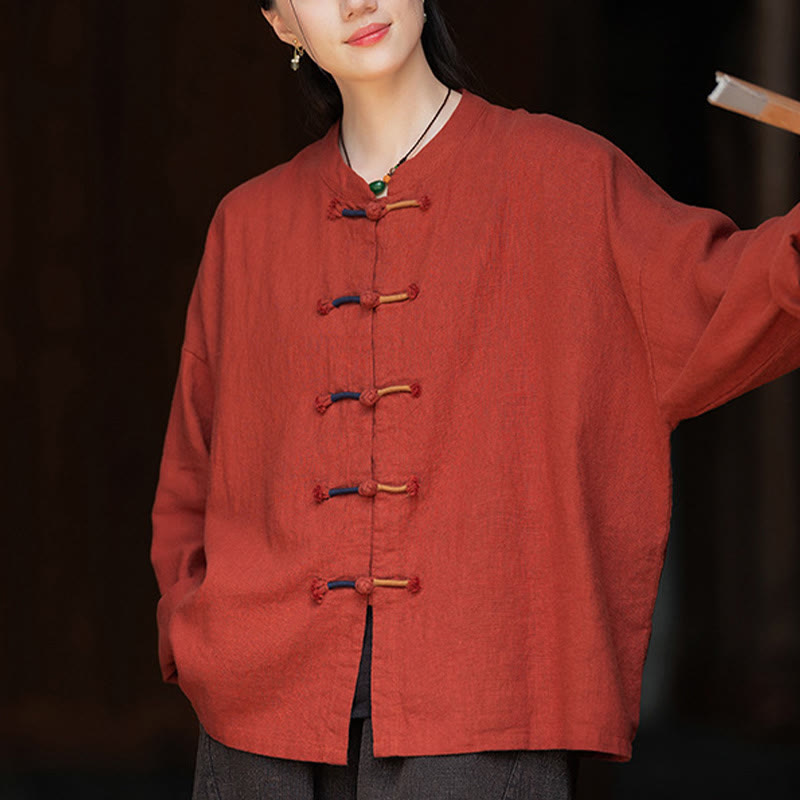 Camisa de lino con ramio de manga larga con botones de rana en dos colores lisos y Buddha Stones para mujer