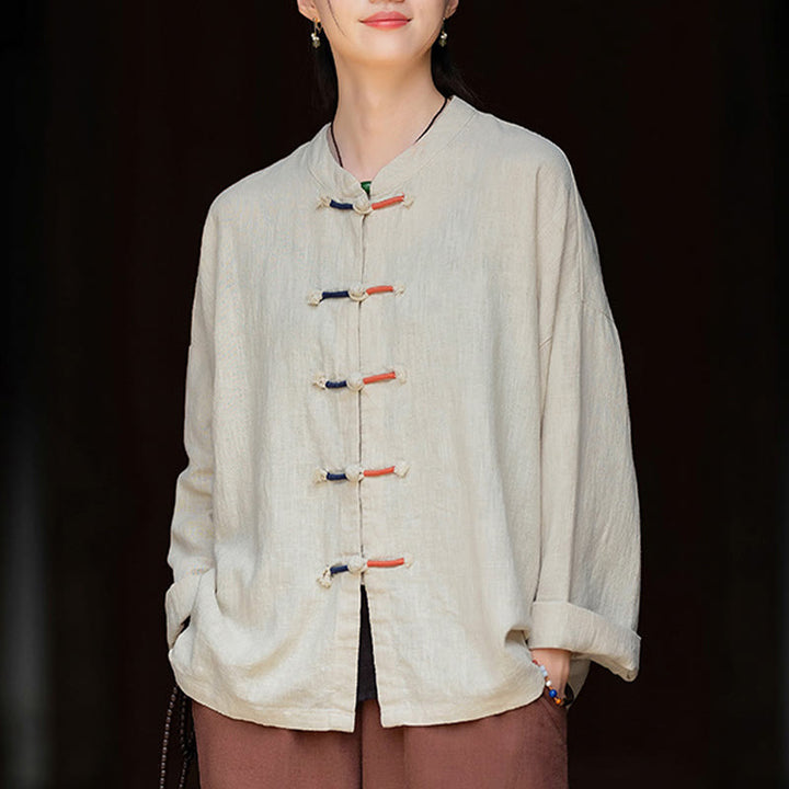 Camisa de lino con ramio de manga larga con botones de rana en dos colores lisos y Buddha Stones para mujer