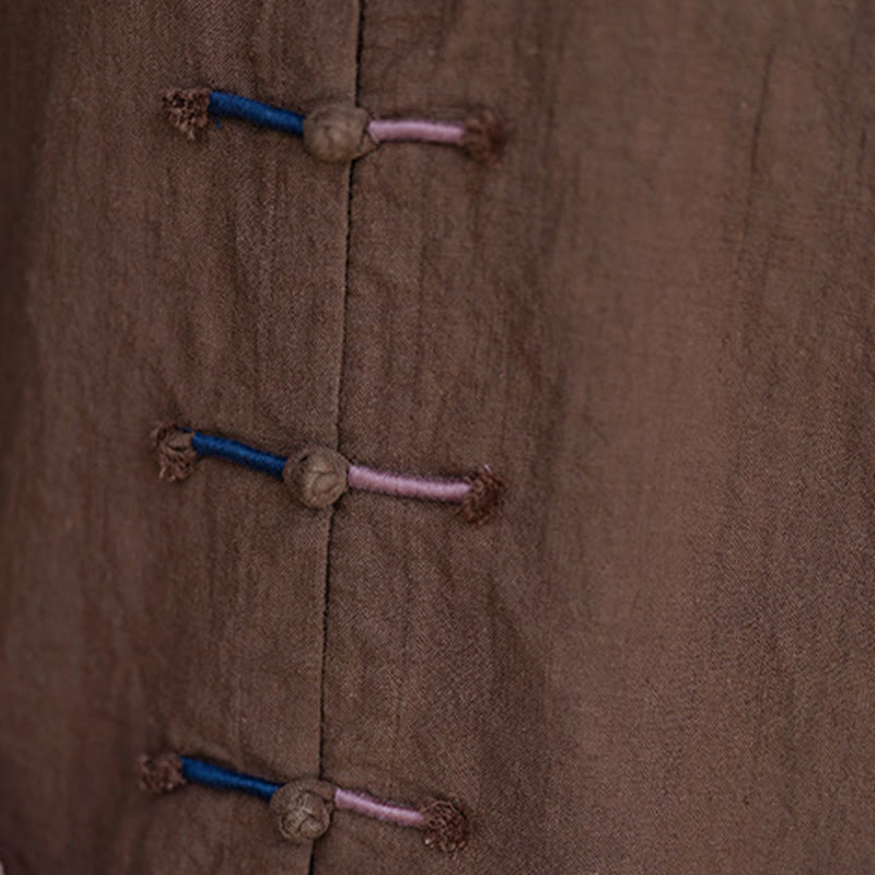 Camisa de lino con ramio de manga larga con botones de rana en dos colores lisos y Buddha Stones para mujer