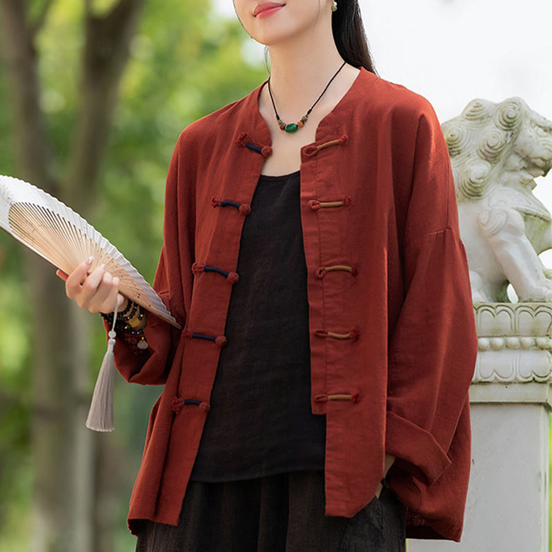 Camisa de lino con ramio de manga larga con botones de rana en dos colores lisos y Buddha Stones para mujer - image 29