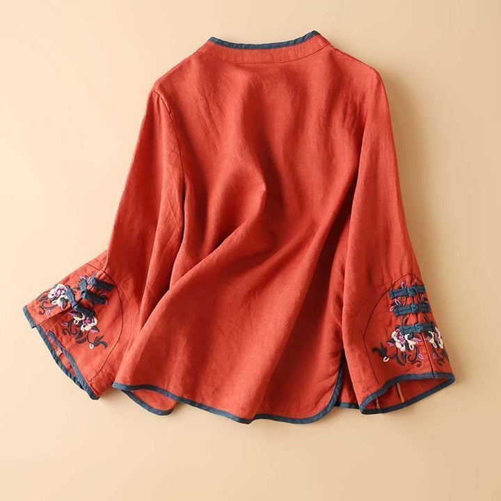 Camisa de lino y algodón de manga larga para mujer con diseño de flores bordadas retro y Buddha Stones