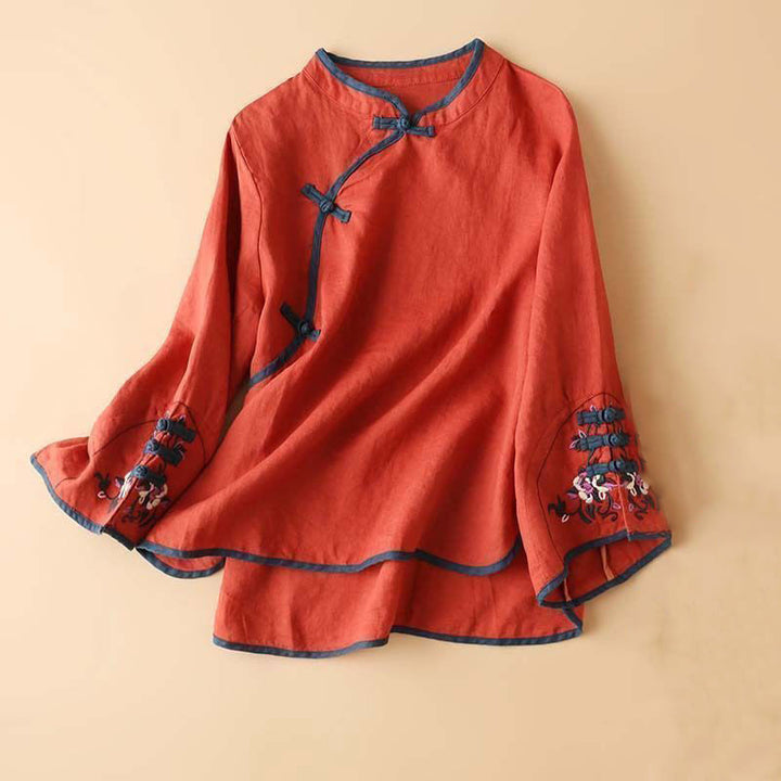 Camisa de lino y algodón de manga larga para mujer con diseño de flores bordadas retro y Buddha Stones