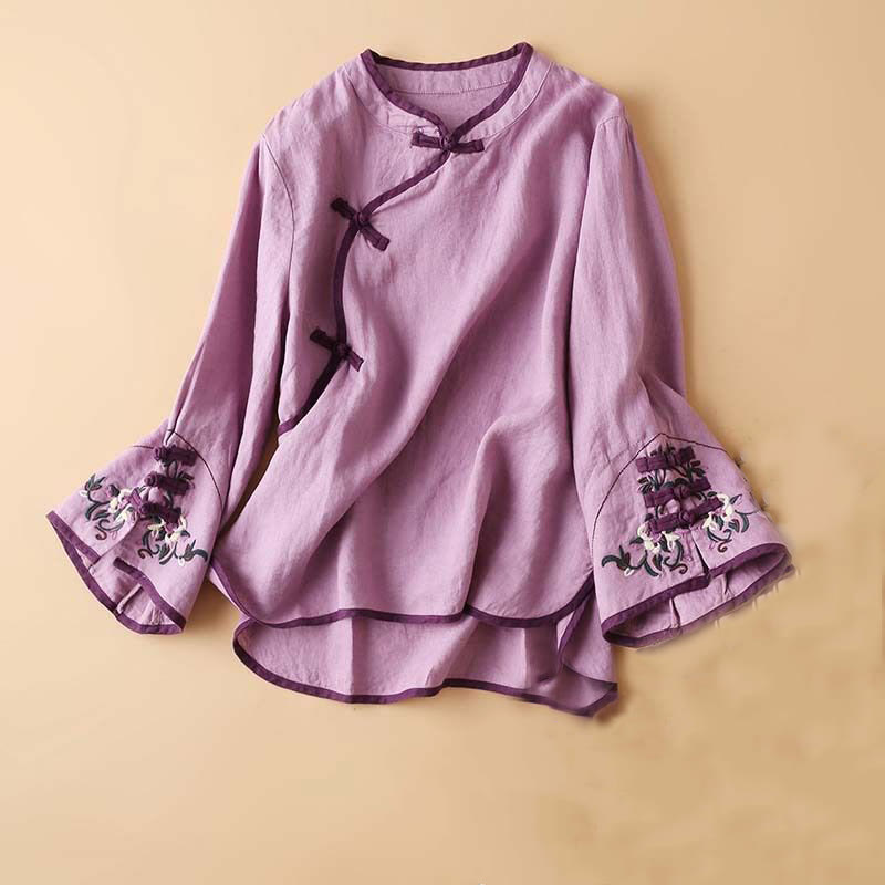 Camisa de lino y algodón de manga larga para mujer con diseño de flores bordadas retro y Buddha Stones