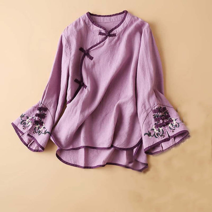 Camisa de lino y algodón de manga larga para mujer con diseño de flores bordadas retro y Buddha Stones