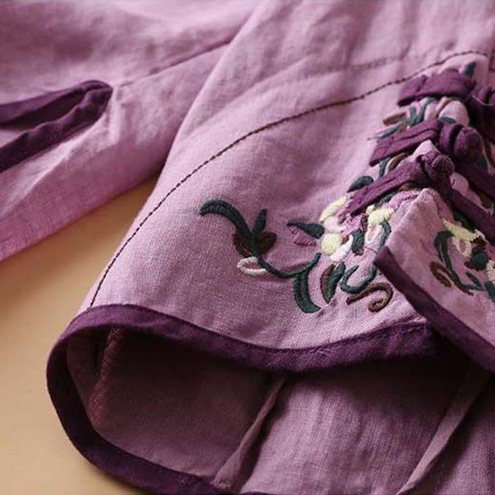 Camisa de lino y algodón de manga larga para mujer con diseño de flores bordadas retro y Buddha Stones