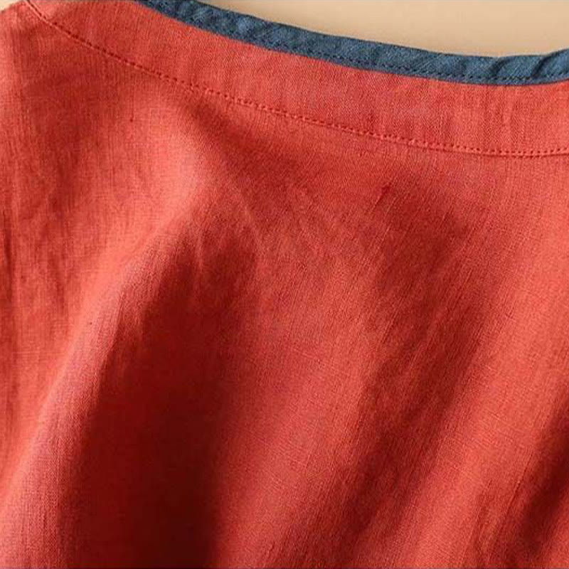 Camisa de lino y algodón de manga larga para mujer con diseño de flores bordadas retro y Buddha Stones