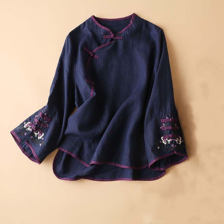 Camisa de lino y algodón de manga larga para mujer con diseño de flores bordadas retro y Buddha Stones