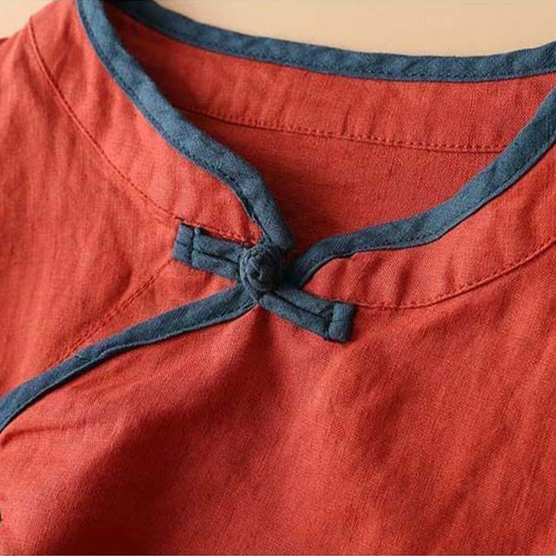 Camisa de lino y algodón de manga larga para mujer con diseño de flores bordadas retro y Buddha Stones
