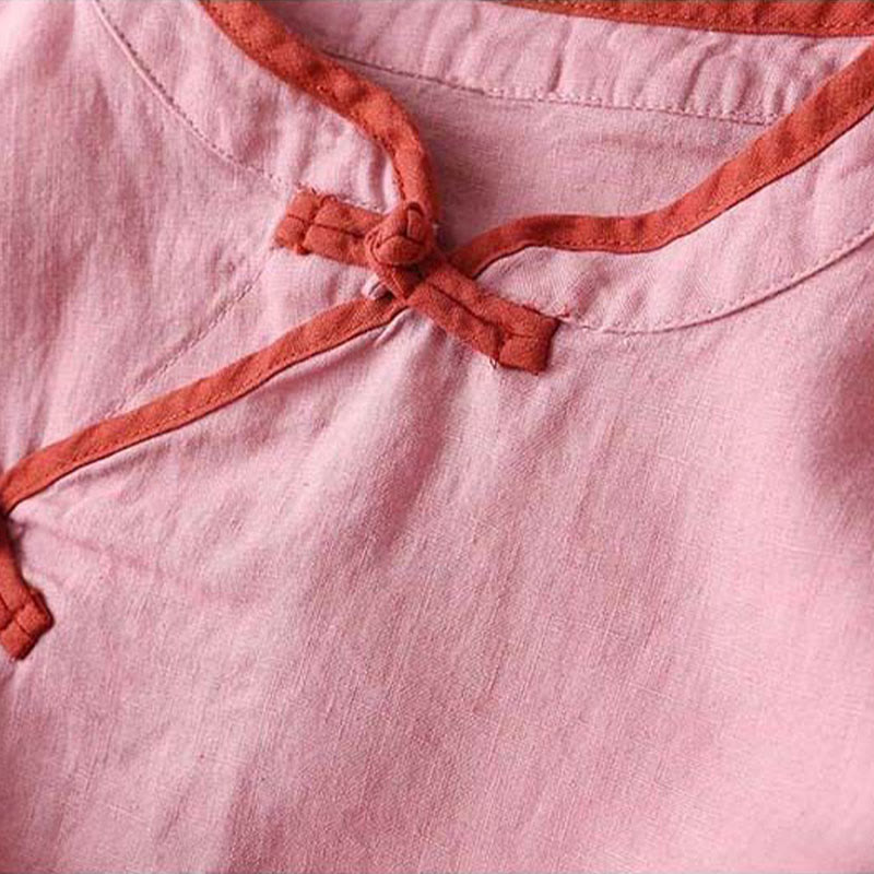 Camisa de lino y algodón de manga larga para mujer con diseño de flores bordadas retro y Buddha Stones