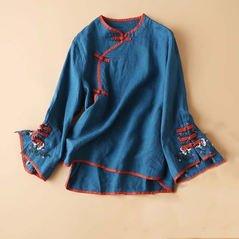 Camisa de lino y algodón de manga larga para mujer con diseño de flores bordadas retro y Buddha Stones