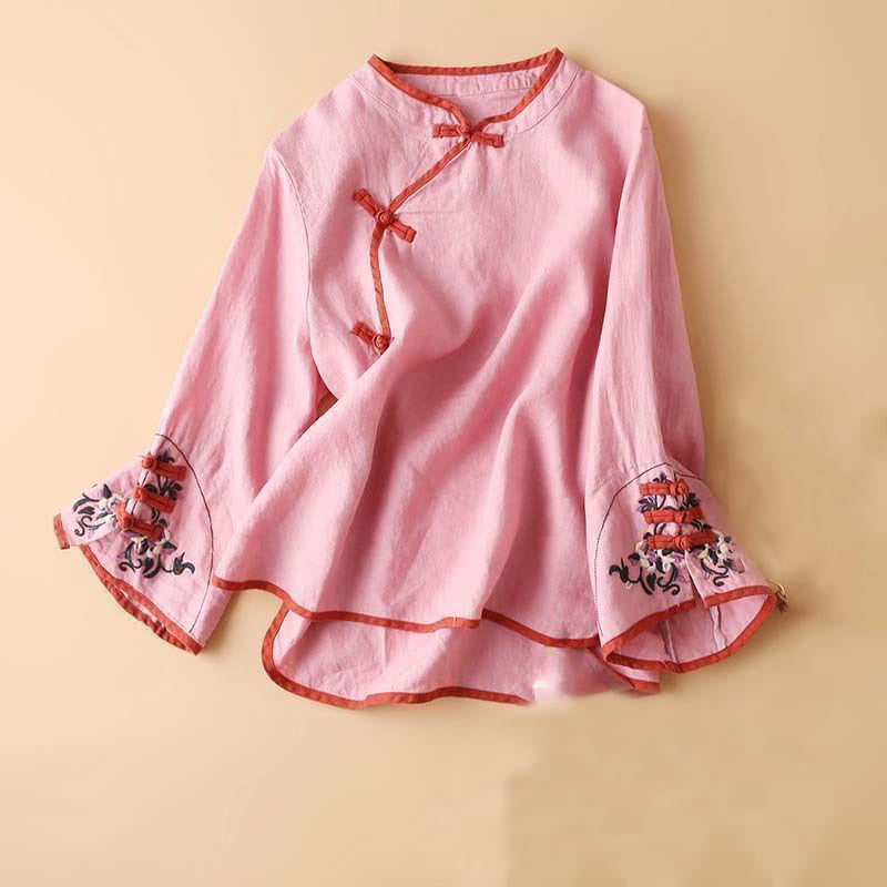 Camisa de lino y algodón de manga larga para mujer con diseño de flores bordadas retro y Buddha Stones