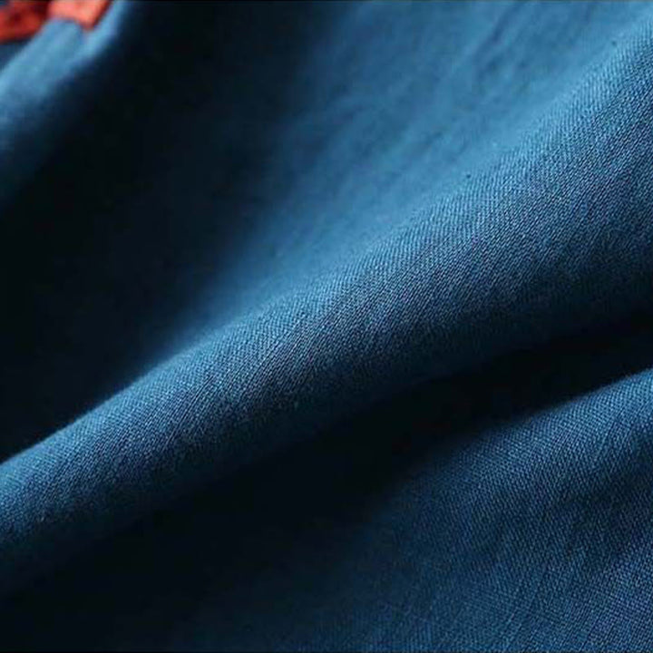 Camisa de lino y algodón de manga larga para mujer con diseño de flores bordadas retro y Buddha Stones