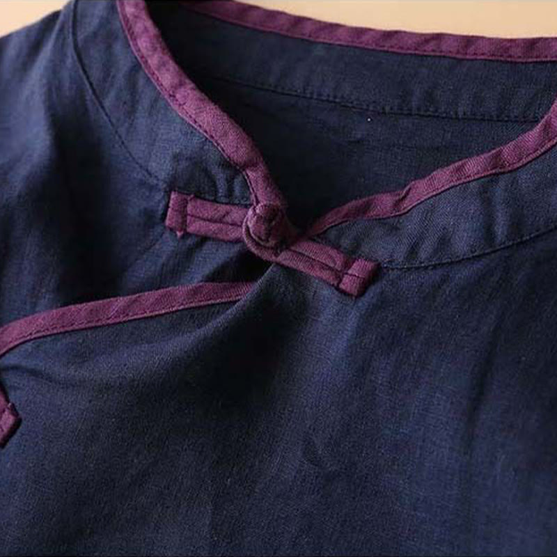 Camisa de lino y algodón de manga larga para mujer con diseño de flores bordadas retro y Buddha Stones