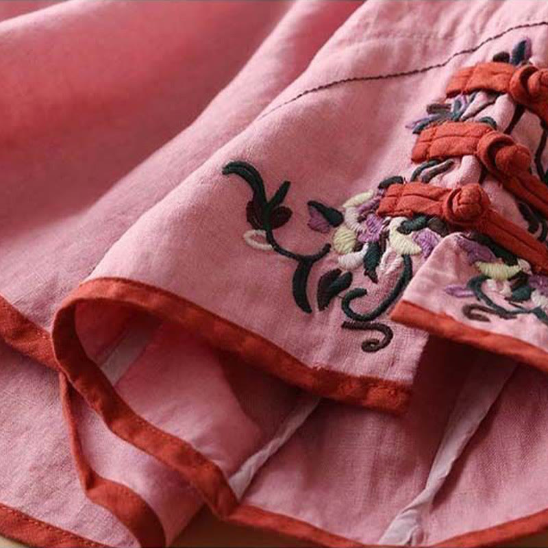 Camisa de lino y algodón de manga larga para mujer con diseño de flores bordadas retro y Buddha Stones