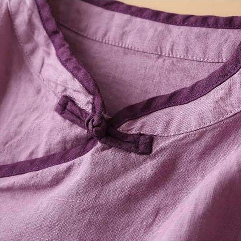 Camisa de lino y algodón de manga larga para mujer con diseño de flores bordadas retro y Buddha Stones