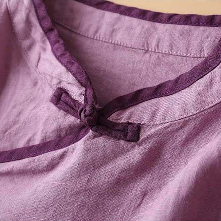 Camisa de lino y algodón de manga larga para mujer con diseño de flores bordadas retro y Buddha Stones