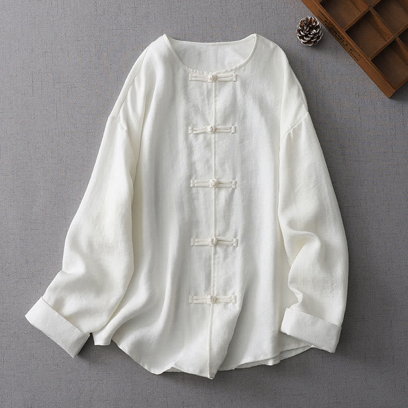 Camisa de mujer de manga larga con botones y estampado de Buddha Stones, color liso. - Blanco - US8-10，UK/AU12-14，EU40-42 (L) - image 0