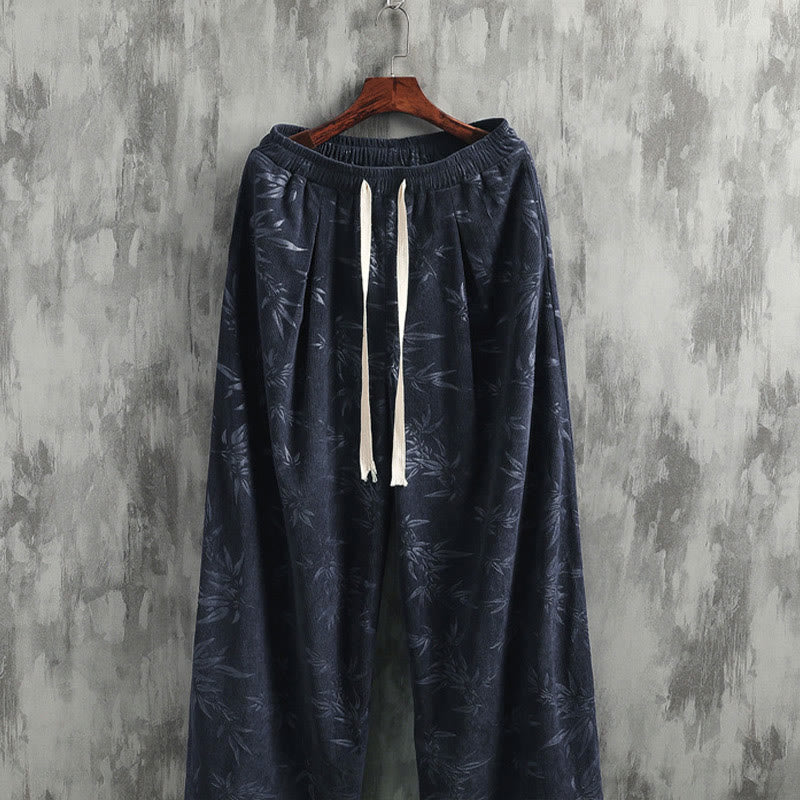 Pantalones anchos de pana con cordón de algodón y hojas de bambú y Buddha Stones para hombre con bolsillos