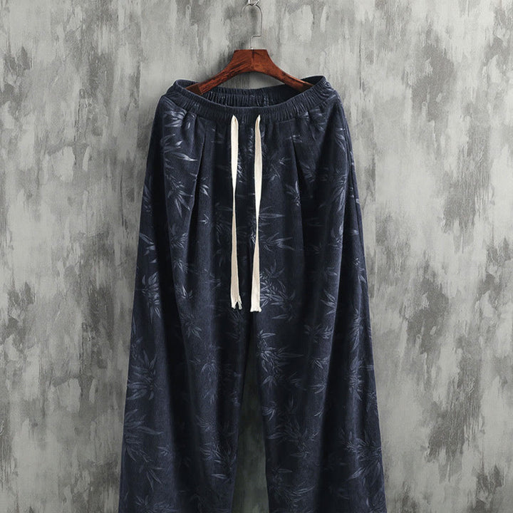 Pantalones anchos de pana con cordón de algodón y hojas de bambú y Buddha Stones para hombre con bolsillos