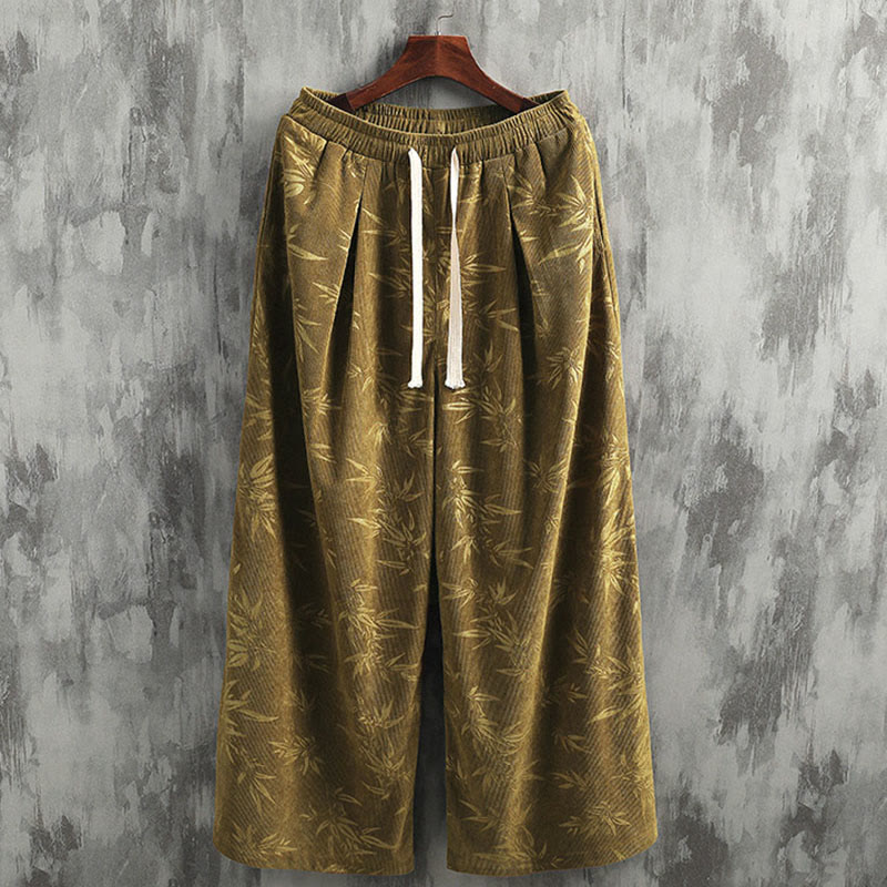 Pantalones anchos de pana con cordón de algodón y hojas de bambú y Buddha Stones para hombre con bolsillos - image 4