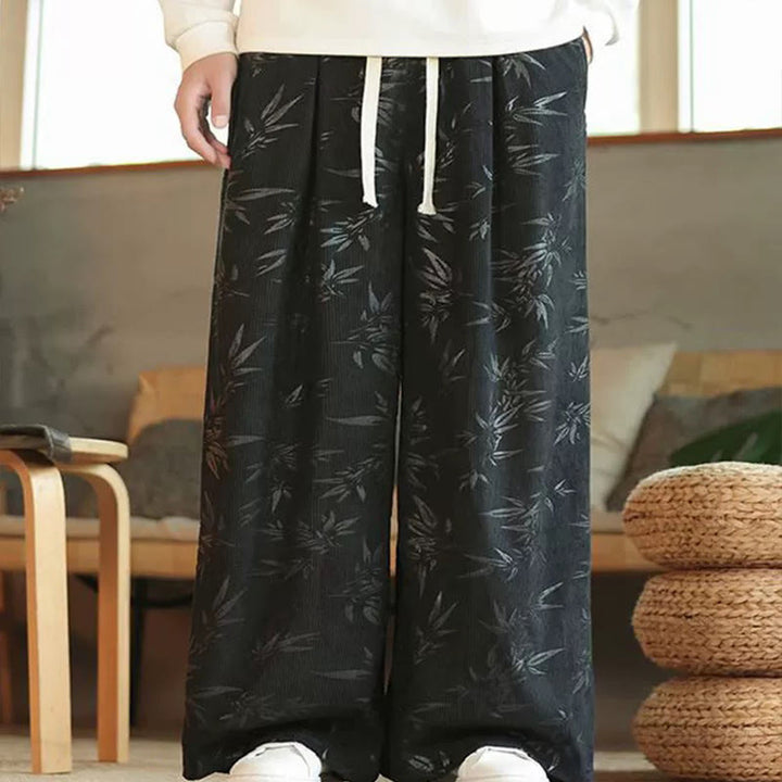 Pantalones anchos de pana con cordón de algodón y hojas de bambú y Buddha Stones para hombre con bolsillos - Negro - US/UK/AU46, EU56 (5XL) - image 13