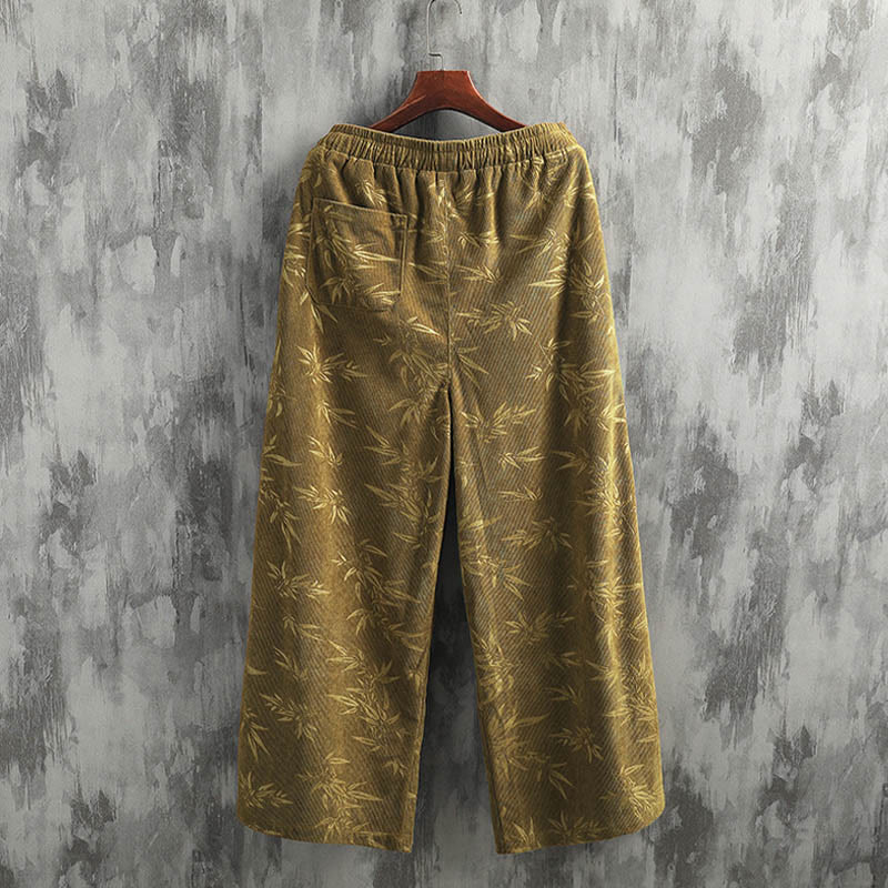 Pantalones anchos de pana con cordón de algodón y hojas de bambú y Buddha Stones para hombre con bolsillos
