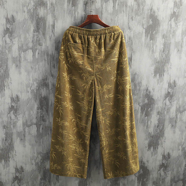 Pantalones anchos de pana con cordón de algodón y hojas de bambú y Buddha Stones para hombre con bolsillos
