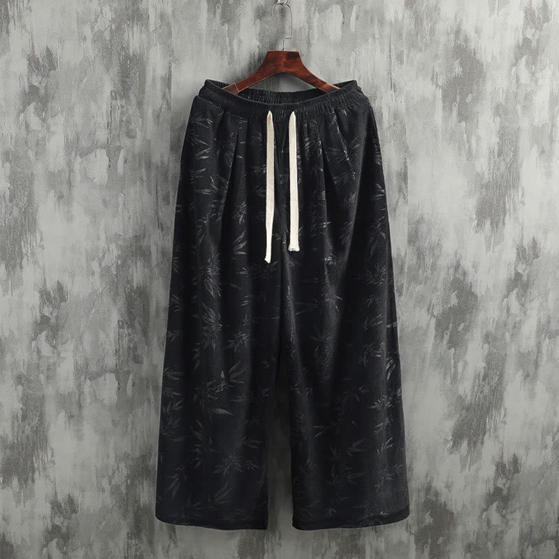 Pantalones anchos de pana con cordón de algodón y hojas de bambú y Buddha Stones para hombre con bolsillos