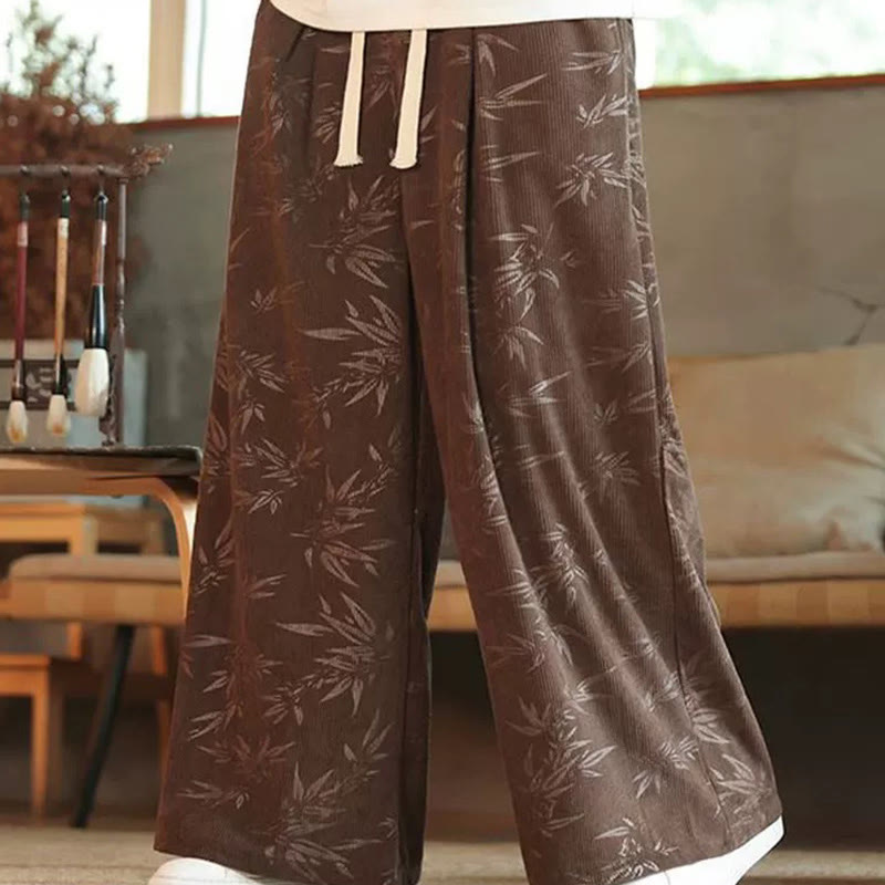 Pantalones anchos de pana con cordón de algodón y hojas de bambú y Buddha Stones para hombre con bolsillos