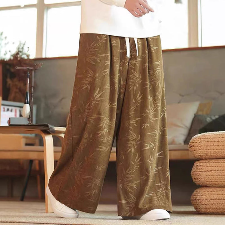 Pantalones anchos de pana con cordón de algodón y hojas de bambú y Buddha Stones para hombre con bolsillos