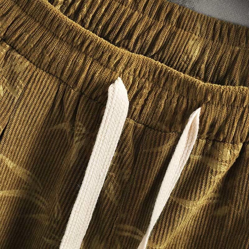 Pantalones anchos de pana con cordón de algodón y hojas de bambú y Buddha Stones para hombre con bolsillos