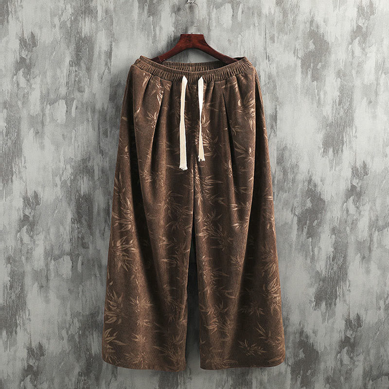 Pantalones anchos de pana con cordón de algodón y hojas de bambú y Buddha Stones para hombre con bolsillos
