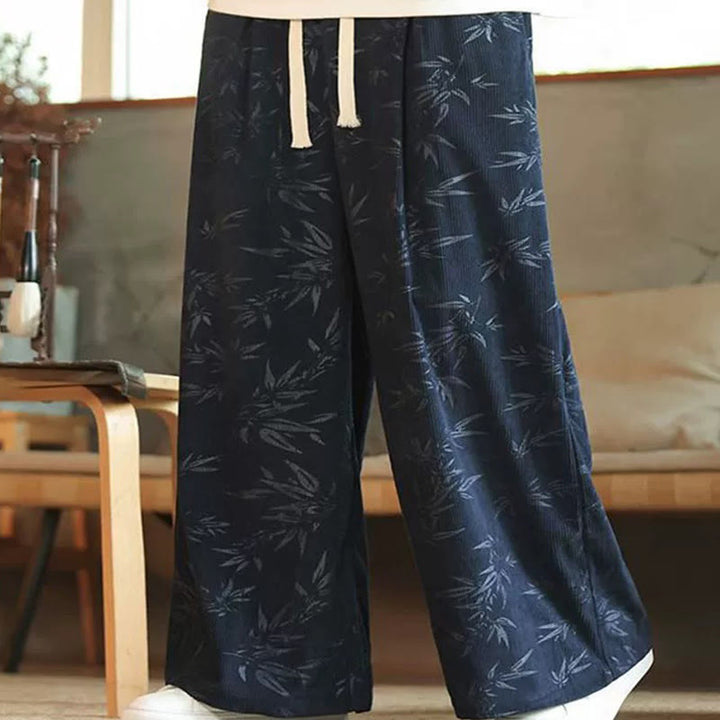 Pantalones anchos de pana con cordón de algodón y hojas de bambú y Buddha Stones para hombre con bolsillos