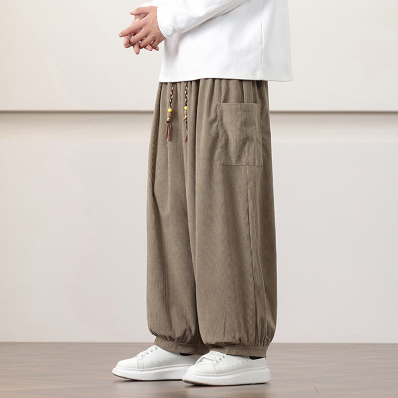 Pantalones harén de pana con cordón y bolsillos de color liso para hombre con Buddha Stones - image 25