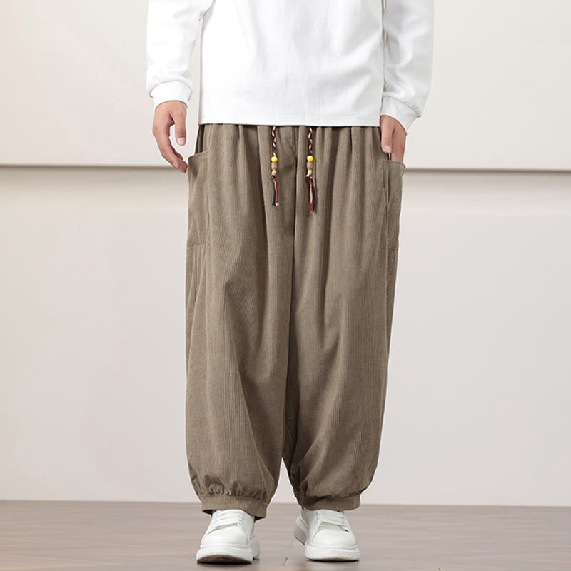 Pantalones harén de pana con cordón y bolsillos de color liso para hombre con Buddha Stones - image 23