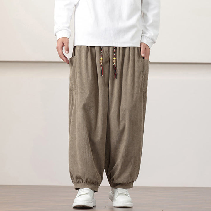 Pantalones harén de pana con cordón y bolsillos de color liso para hombre con Buddha Stones - image 23