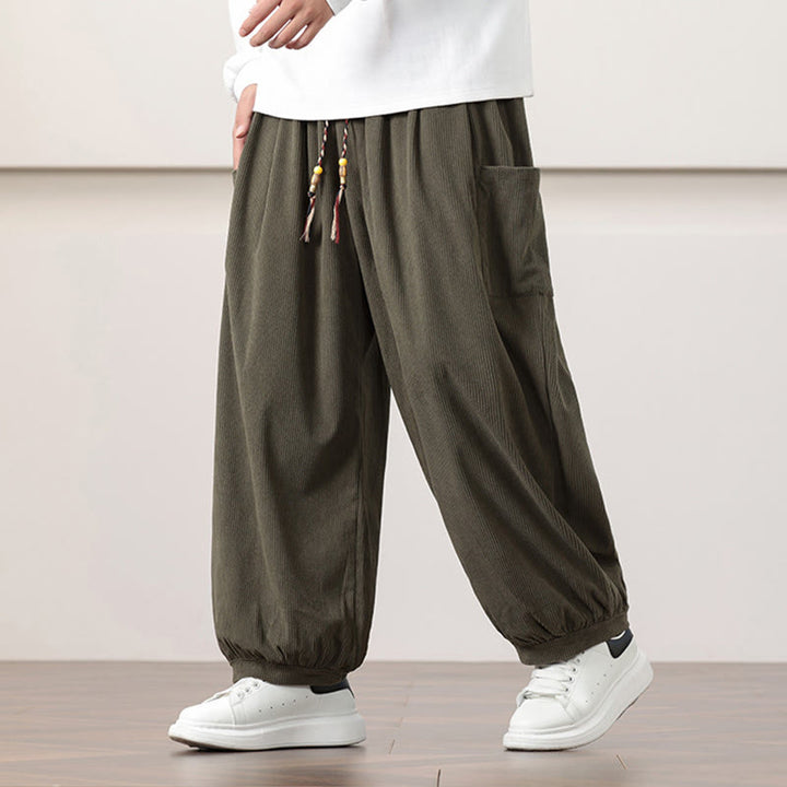 Pantalones harén de pana con cordón y bolsillos de color liso para hombre con Buddha Stones - Aceituna - US/UK/AU46, EU56 (5XL) - image 0