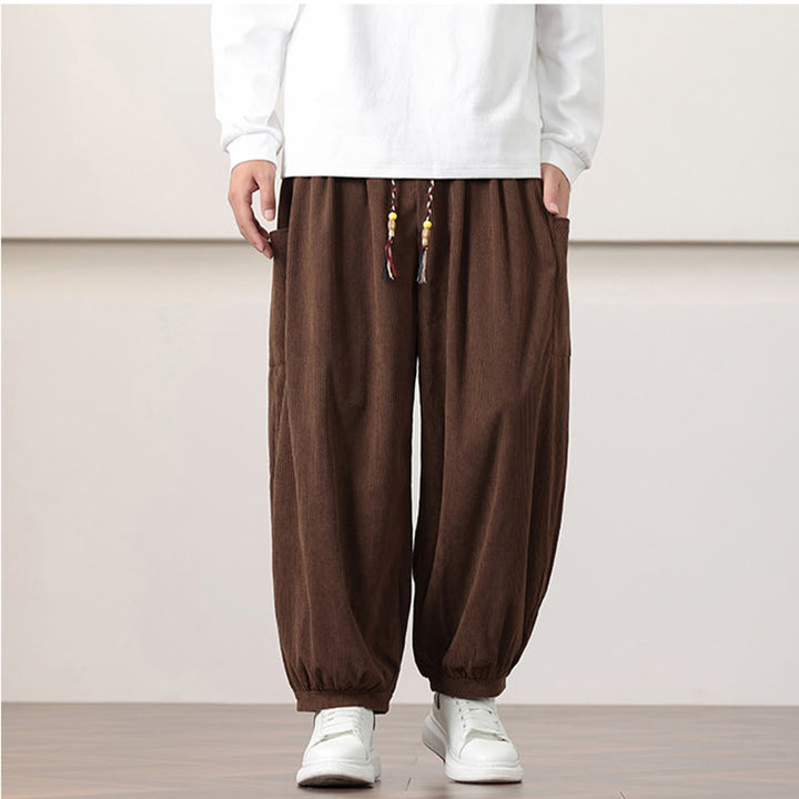 Pantalones harén de pana con cordón y bolsillos de color liso para hombre con Buddha Stones - image 39