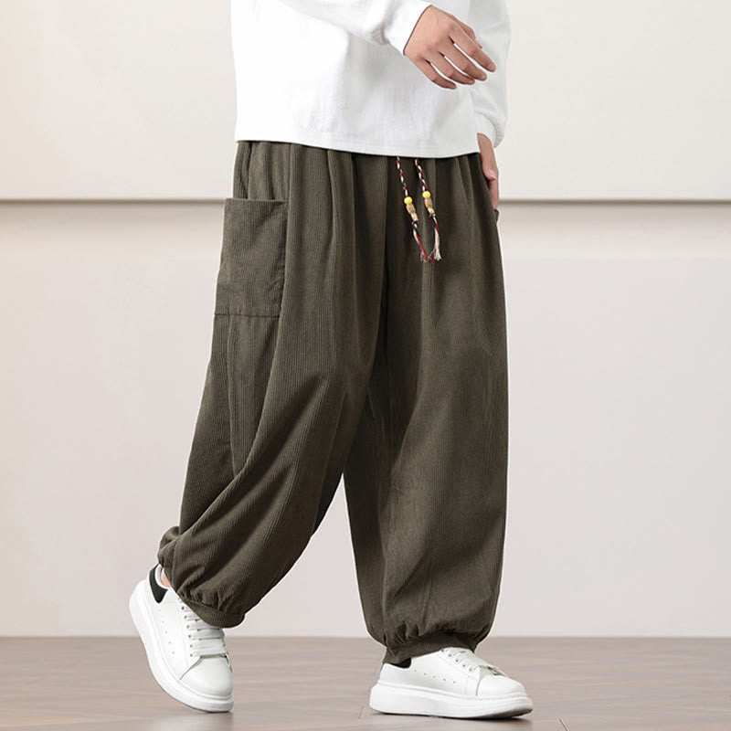 Pantalones harén de pana con cordón y bolsillos de color liso para hombre con Buddha Stones - image 2