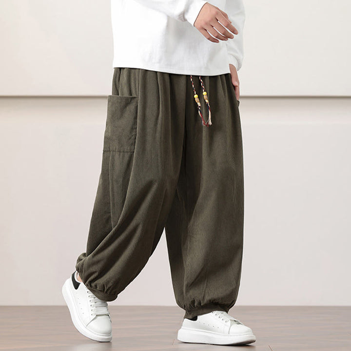 Pantalones harén de pana con cordón y bolsillos de color liso para hombre con Buddha Stones - image 2