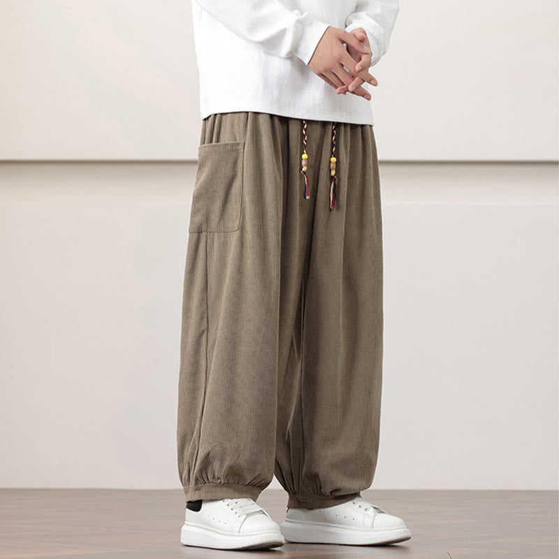 Pantalones harén de pana con cordón y bolsillos de color liso para hombre con Buddha Stones - image 23