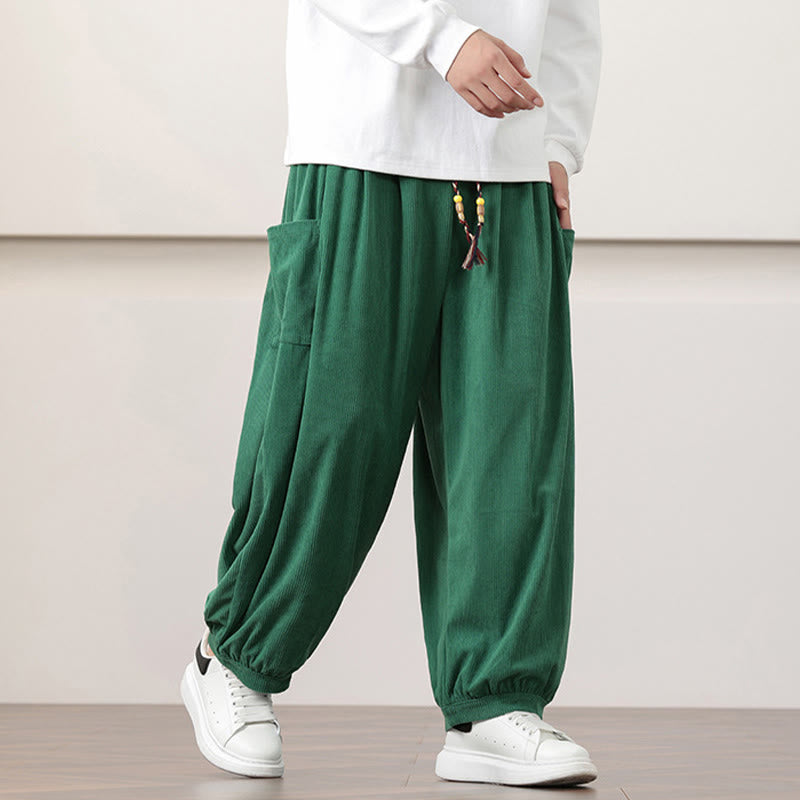 Pantalones harén de pana con cordón y bolsillos de color liso para hombre con Buddha Stones - image 31