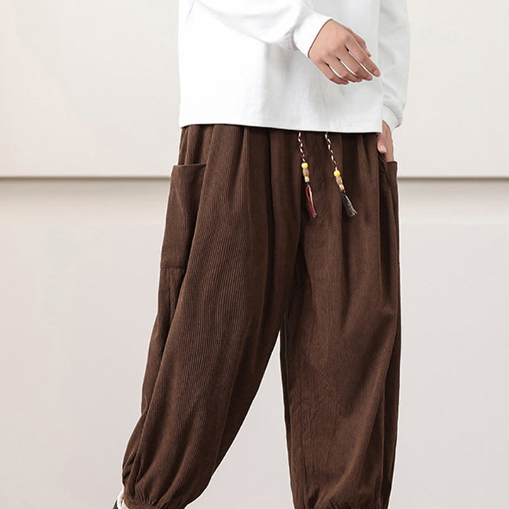 Pantalones harén de pana con cordón y bolsillos de color liso para hombre con Buddha Stones - image 42