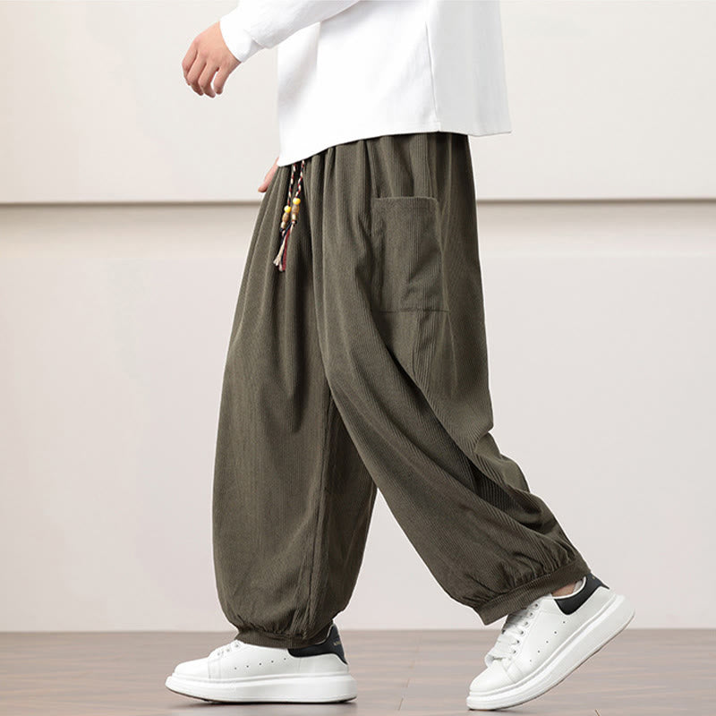 Pantalones harén de pana con cordón y bolsillos de color liso para hombre con Buddha Stones - image 7