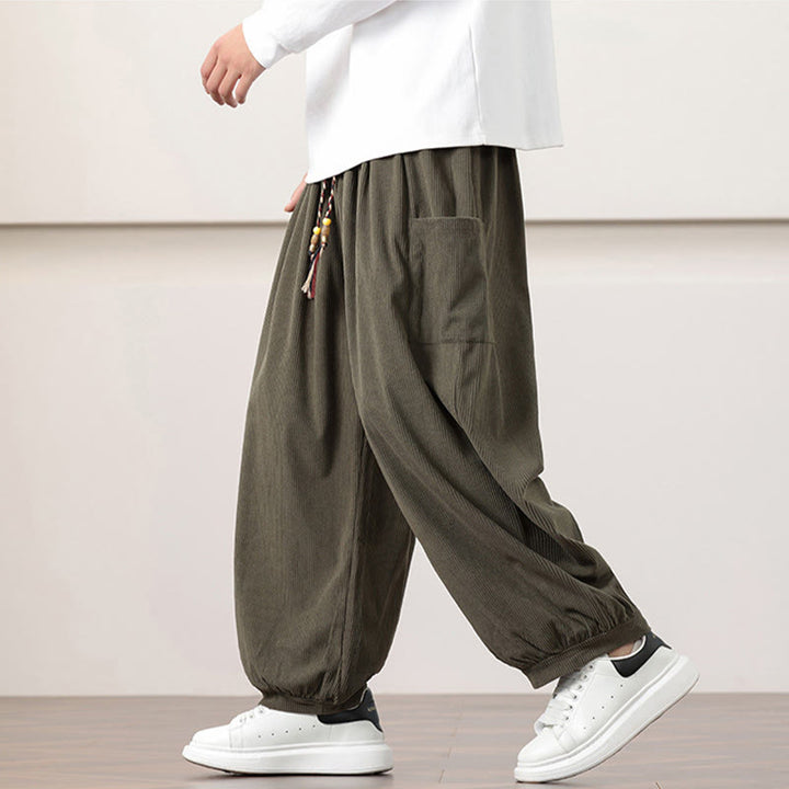 Pantalones harén de pana con cordón y bolsillos de color liso para hombre con Buddha Stones - image 7