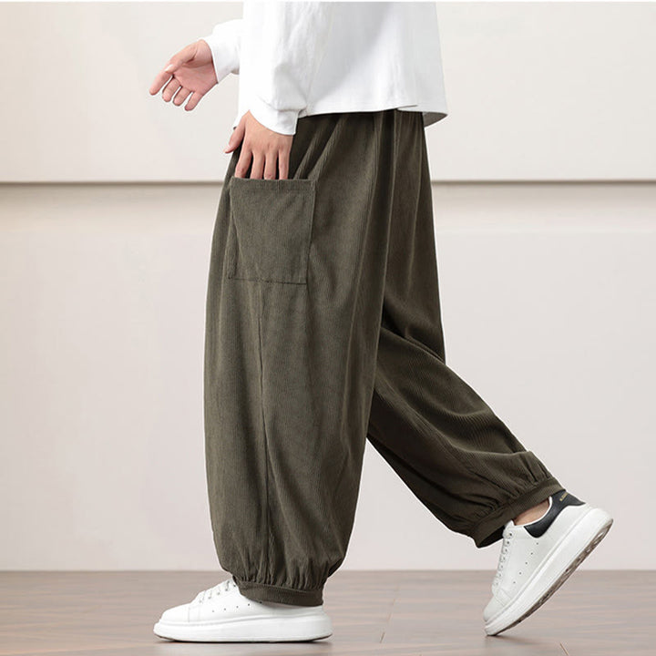 Pantalones harén de pana con cordón y bolsillos de color liso para hombre con Buddha Stones - image 5