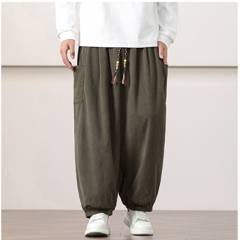 Pantalones harén de pana con cordón y bolsillos de color liso para hombre con Buddha Stones - image 1