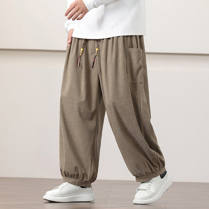 Pantalones harén de pana con cordón y bolsillos de color liso para hombre con Buddha Stones - Caqui oscuro - US/UK/AU46, EU56 (5XL) - image 21